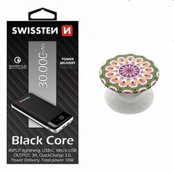 Swissten Black Core Slim Powerbank 30.000 mAh + Popsockets Orchid Mandala PG