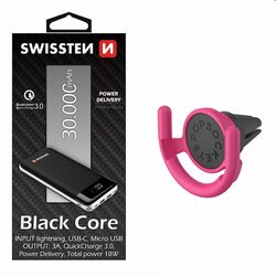 Swissten Black Core Slim Powerbank 30.000 mAh + Popsockets PopMount Car Vent Hibiscus Sport