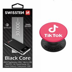 Swissten Black Core Slim Powerbank 30.000 mAh + Popsockets TIKTOK, pink