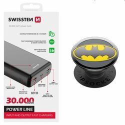 Swissten Power Line Powerbank 30 000 mAh 20W, PD, black + Popsockets Enamel Batman