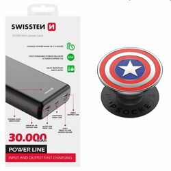 Swissten Power Line Powerbank 30 000 mAh 20W, PD, black + Popsockets Enamel Captain America
