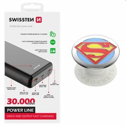 Swissten Power Line Powerbank 30 000 mAh 20W, PD, black + Popsockets Enamel Superman