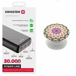 Swissten Power Line Powerbank 30 000 mAh 20W, PD, black + Popsockets Orchid Mandala PG
