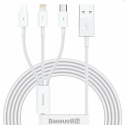 Baseus CAMLTYS-02 Superior rýchlonabíjací Dátový Kábel 3v1 USB-C, Lightning, MicroUSB 1,5 m, biely