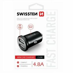 Autonabíjačka Swissten kovová 4.8A s 2 USB slotmi, čierna