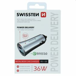 Autonabíjačka Swissten s podporou Power Delivery USB-C a Qualcomm 3.0, 36 W, matná strieborná | mp3.sk