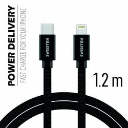 Dátový kábel Swissten textilný s USB-C, Lightning konektormi a podporou rýchlonabíjania, čierny | mp3.sk