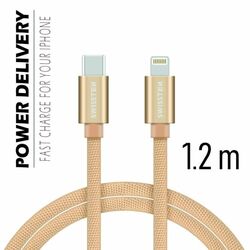 Dátový kábel Swissten textilný s USB-C, Lightning konektormi a podporou rýchlonabíjania, zlatý | mp3.sk