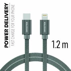 Dátový kábel Swissten textilný s USB-C, Lightning konektormi a podporou rýchlonabíjania, sivý | mp3.sk
