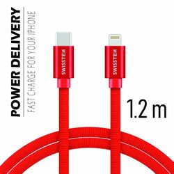Dátový kábel Swissten textilný s USB-C, Lightning konektormi a podporou rýchlonabíjania, červený | mp3.sk