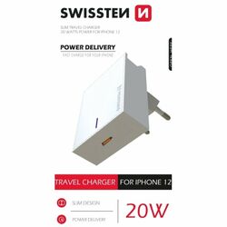 Rýchlonabíjačka Swissten Power Delivery 20 W s 1x USB-C pre iPhone 12, biela