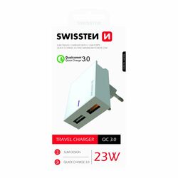 Rýchlonabíjačka Swissten Qualcomm Charger 3.0 s 2 USB konektormi, 23 W, biela