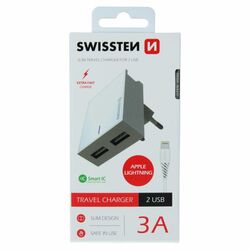 Rýchlonabíjačka Swissten Smart IC 3.A s 2 USB konektormi a dátový kábel USB / Lightning 1,2 m, biela foto