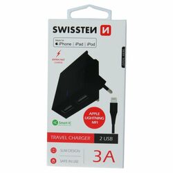 Rýchlonabíjačka Swissten Smart IC 3.A s 2 USB konektormi + dátový kábel USB / Lightning MFi 1,2 m, čierna